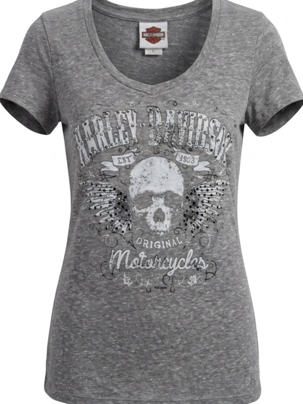 “Harley‑Davidson Rhinestone Skull Graphic Tee – Excellent Condition-L
